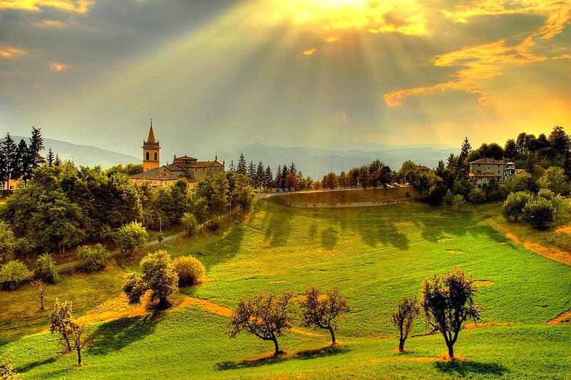 Village on a Hillside — Green, Dramatic