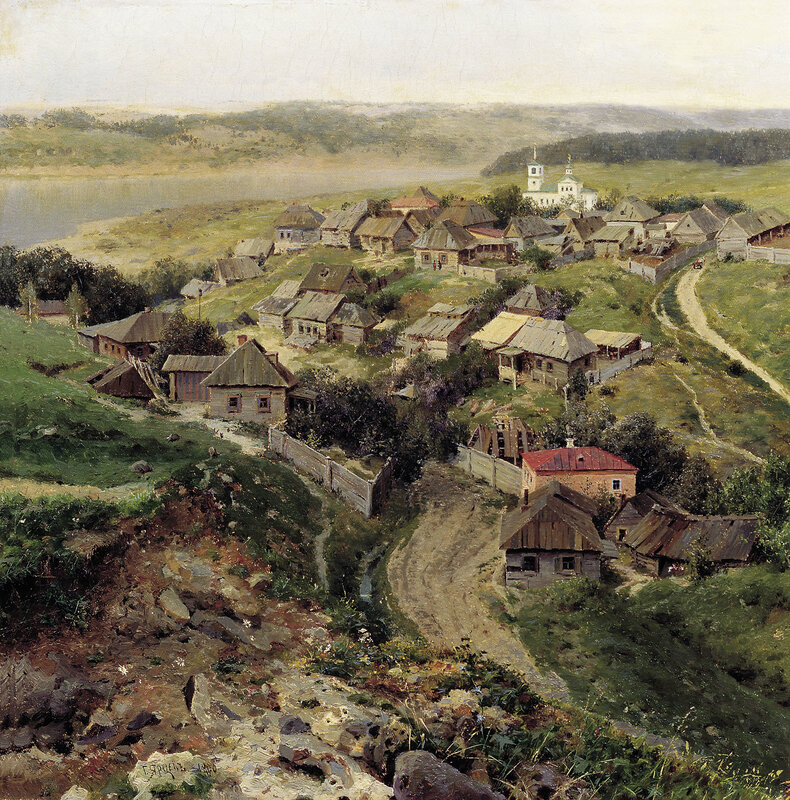 Village on a Hillside — Green, Serene, Afternoon, Painting