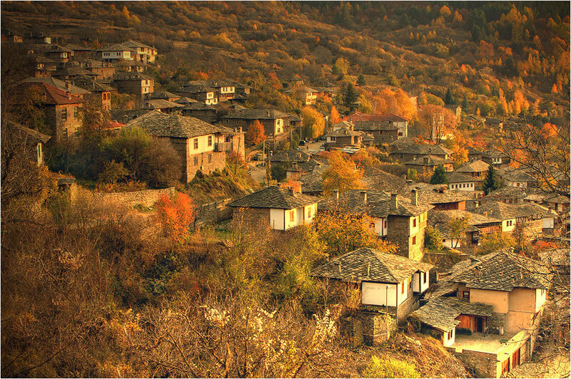 Village on a Hillside — Orange, Serene, Autumn