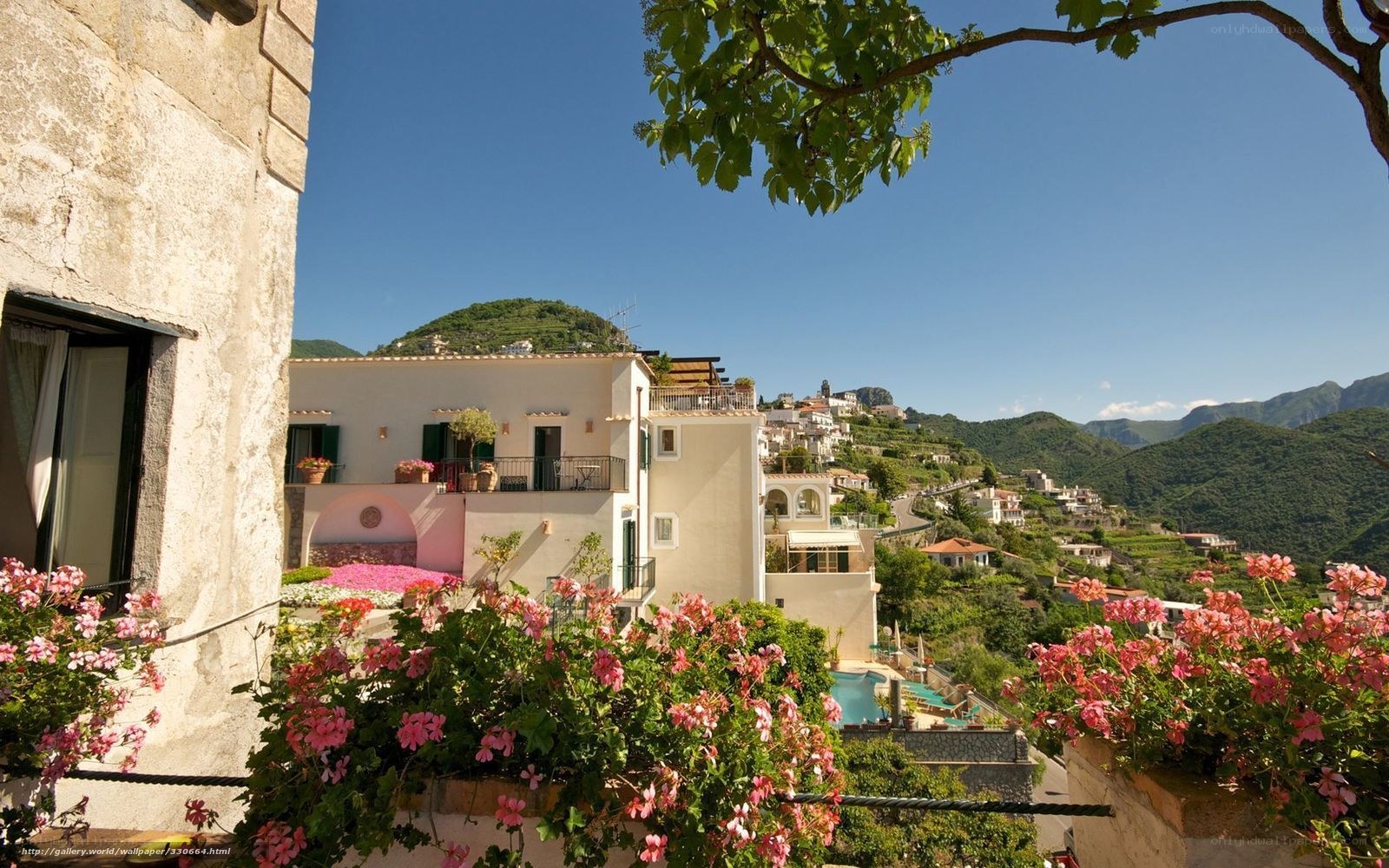Village on a hillside with flowers