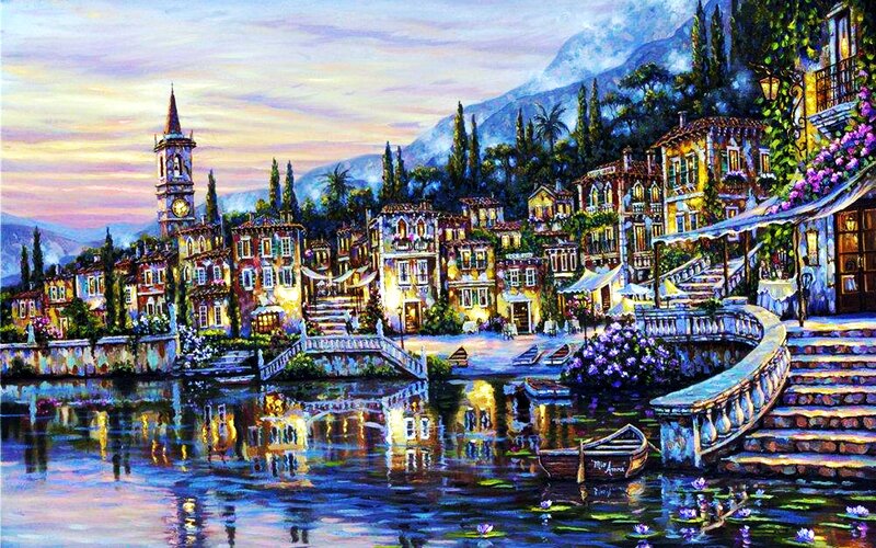 Village on a Lake — Blue, Serene