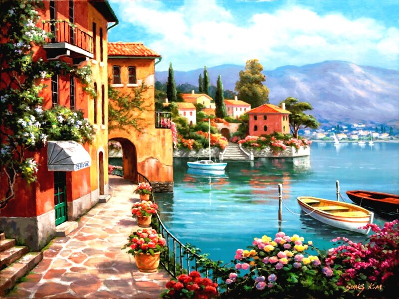 Village on a Lake — Blue