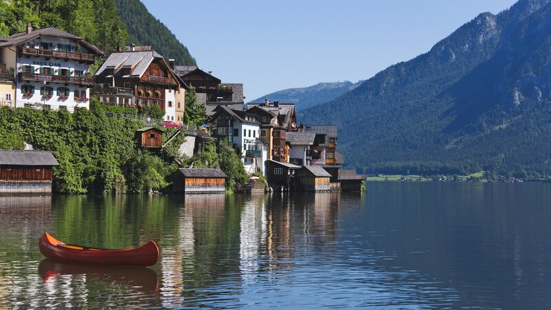 village on a lake in the mountains