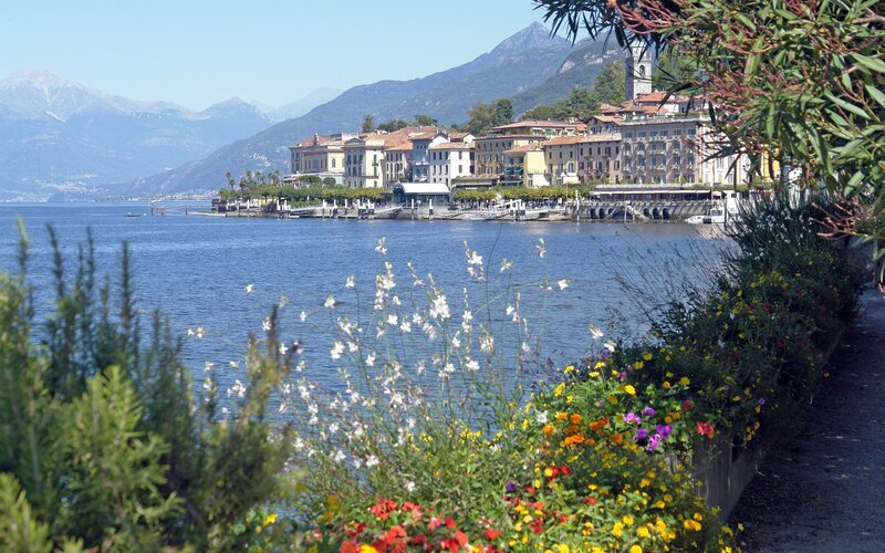 Village on a lake with mountains
