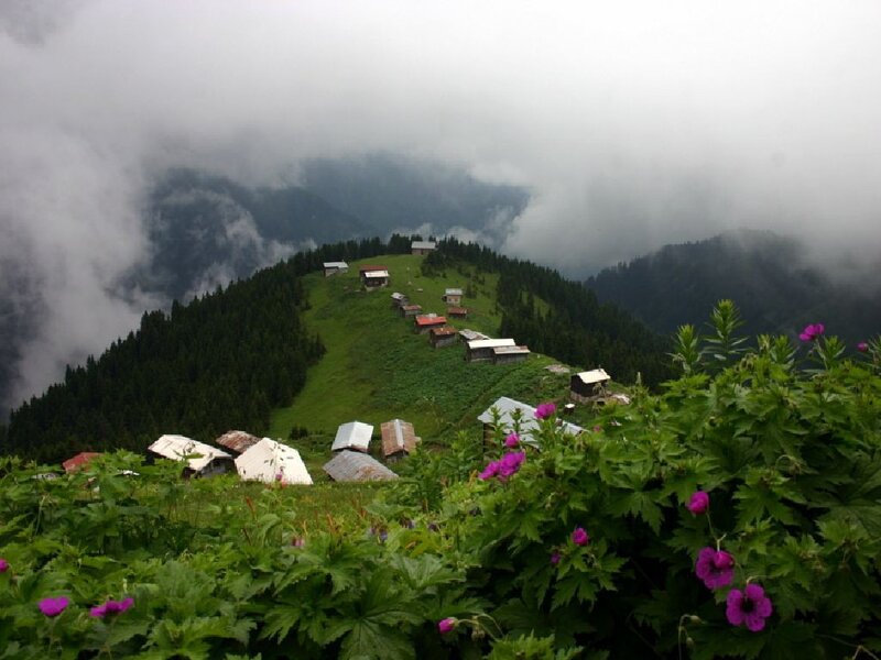 Village on a misty mountain ridge
