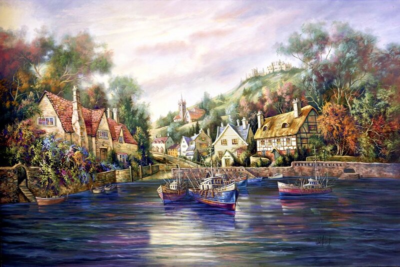Village on a River — Blue