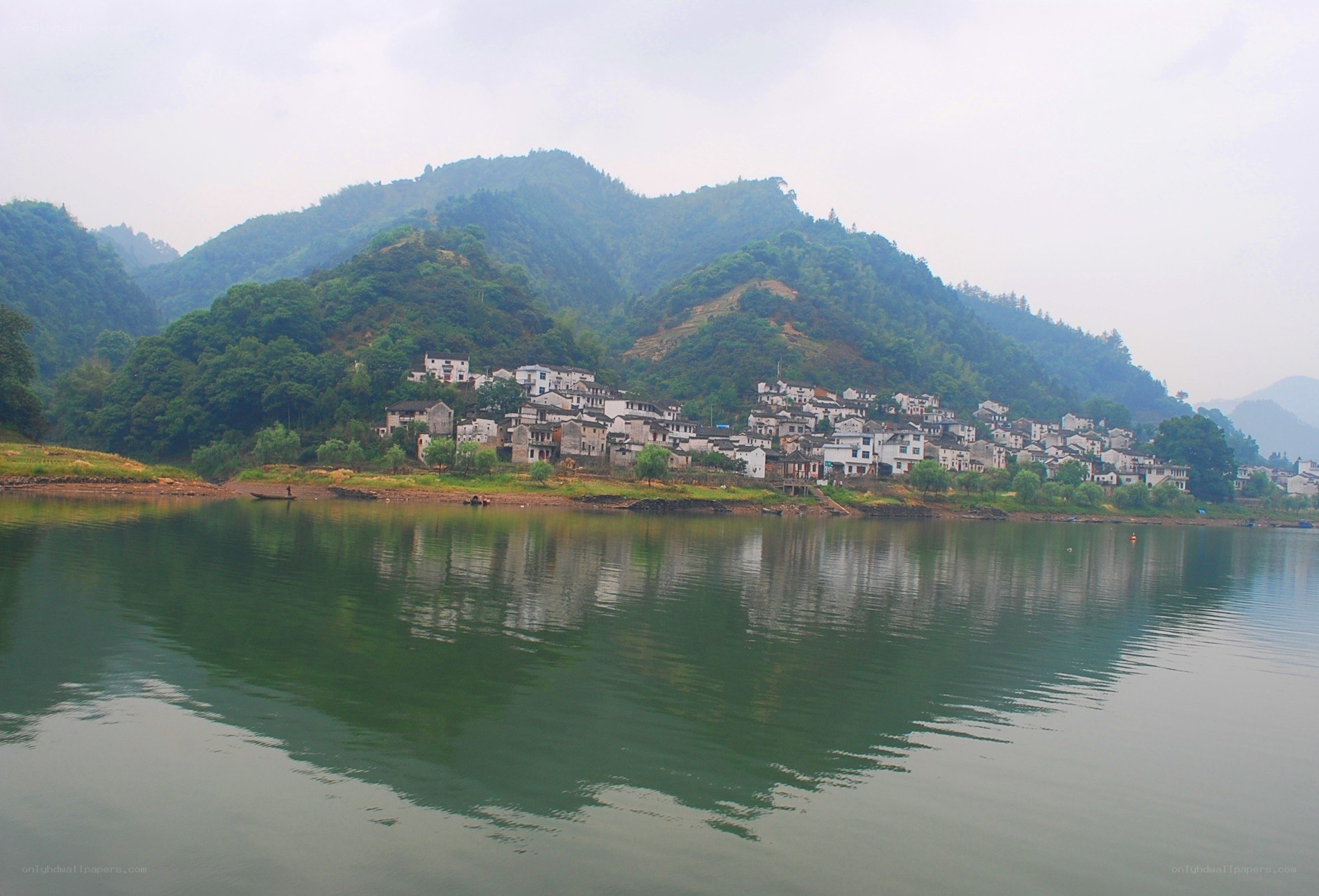 village on a riverbank