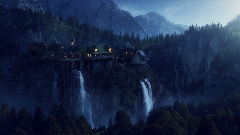 Village on Cliff Edge — Blue