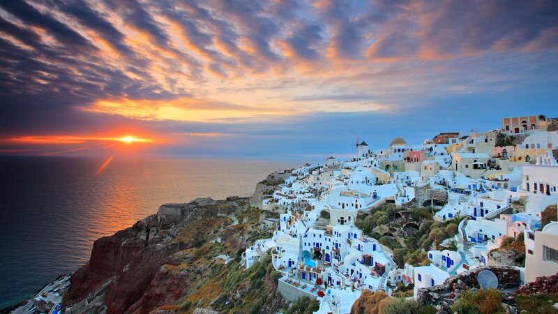 Village on Cliff Edge — White, Dramatic