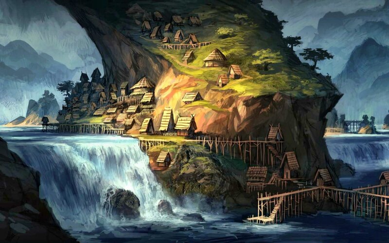 Village on Cliffside — Blue