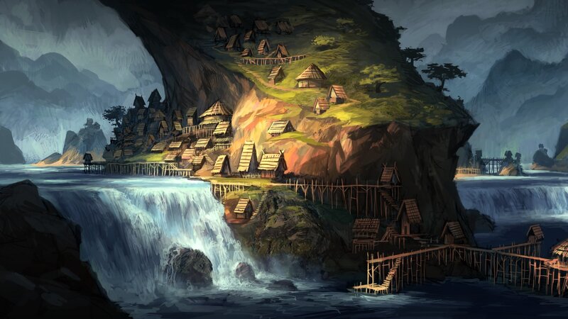 Village on Cliffside — Green, Dramatic