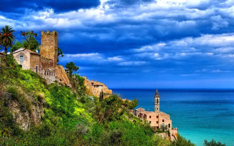 Village on Coastal Cliff — Blue, Dramatic, Afternoon