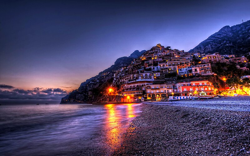Village on Coastal Cliff — Blue, Dramatic, Night, Photograph