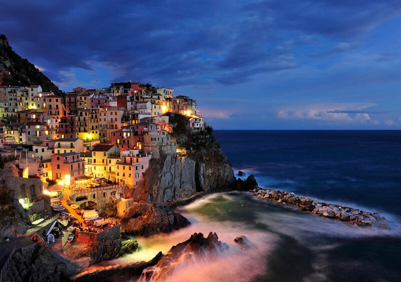 Village on Coastal Cliff — Blue, Dramatic, Night