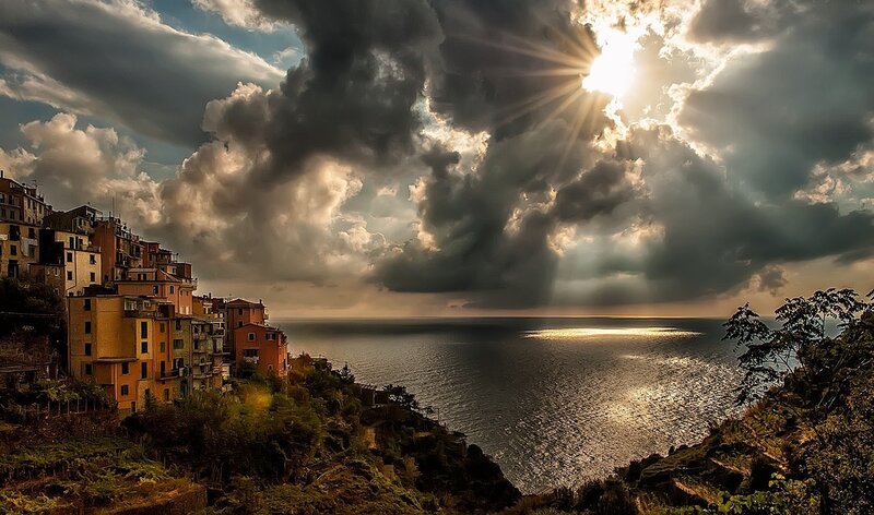 Village on Coastal Cliff — Blue, Dramatic, Sunset
