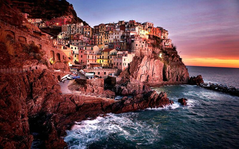 Village on Coastal Cliff — Blue, Dramatic