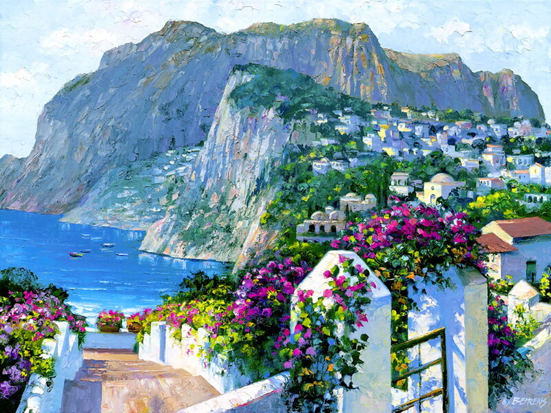 Village on Coastal Cliff — Blue, Serene, Afternoon, Painting