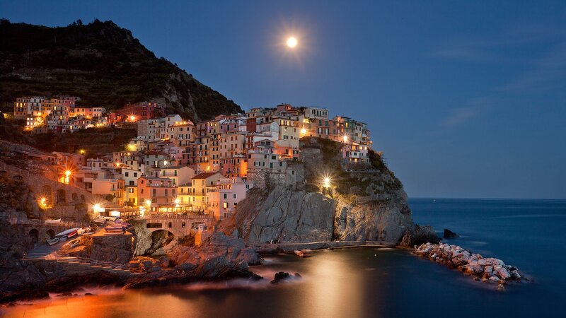 Village on Coastal Cliff — Blue, Serene, Night