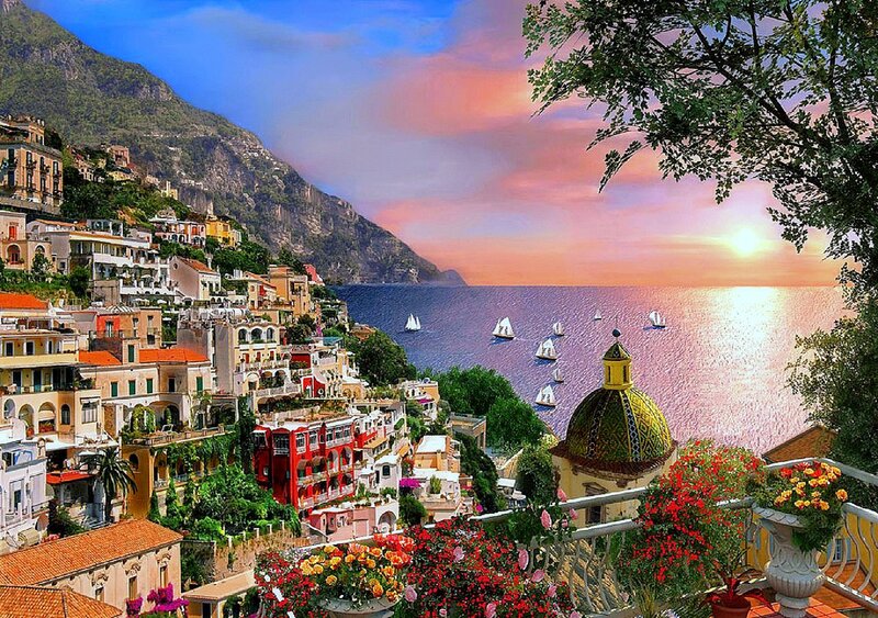 Village on Coastal Cliff — Blue, Serene, Sunset, Photograph