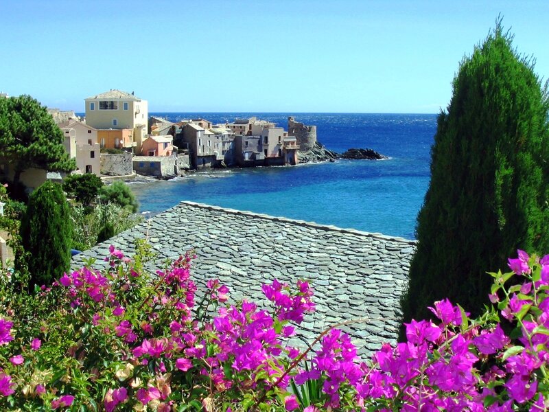Village on Coastal Cliff — Blue, Serene
