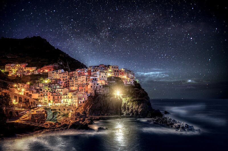 Village on Coastal Cliff — Dark Blue, Serene