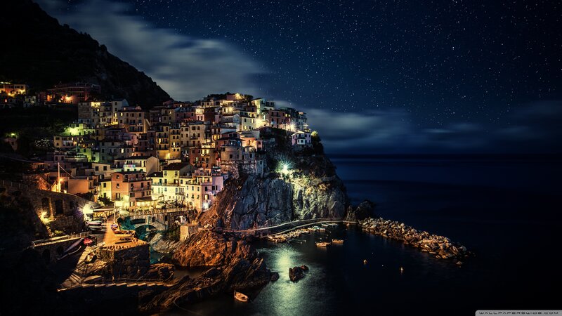 Village on Coastal Cliff — Dark Blue