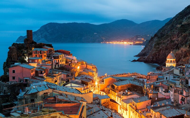 Village on Coastal Cliffs — Blue, Serene, Night