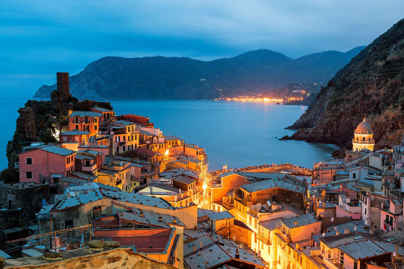 Village on Coastal Cliffs — Blue, Serene
