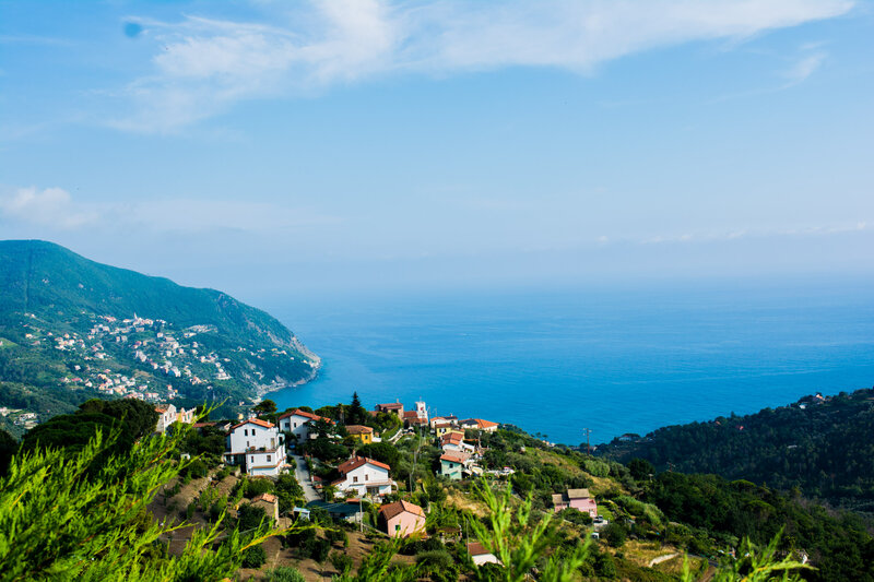 Village on Coastal Hill — Blue, Serene