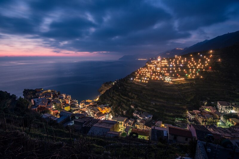 Village on Coastal Hillside — Blue, Dramatic