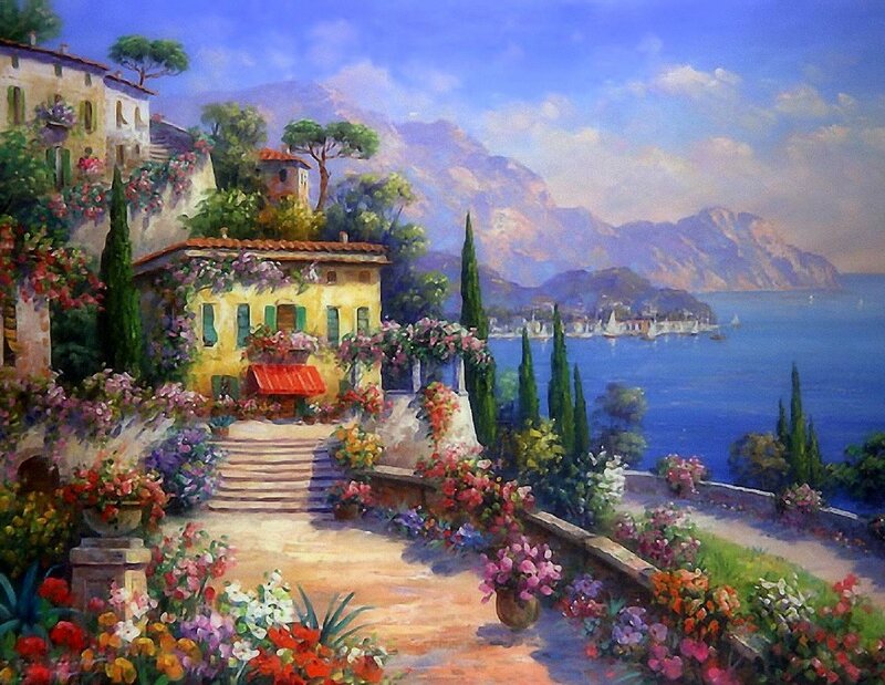 Village on Coastal Hillside — Blue, Serene