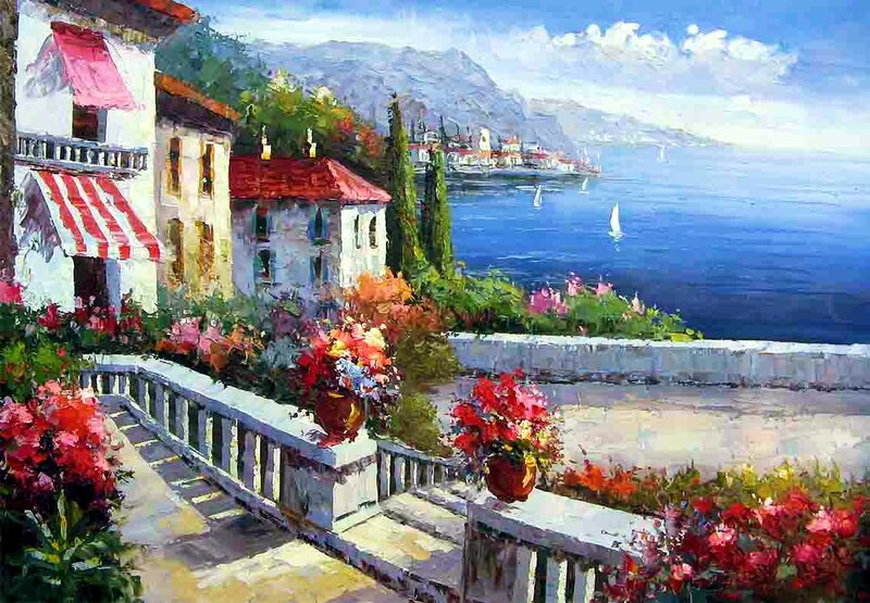 Village on Coastal Hillside — Blue