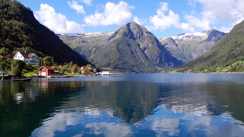 Village on Fjord Shore — Blue