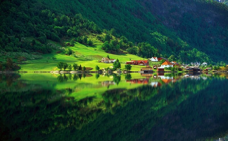 Village on Fjord Shore — Green, Serene, Afternoon, Photograph, Houses, Trees, Mountain