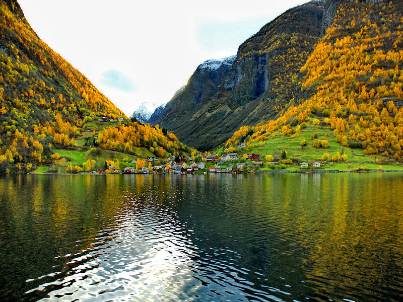Village on Fjord Shore — Green, Serene, Autumn