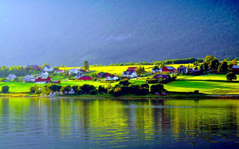 Village on Fjord Shore — Green, Serene, Morning