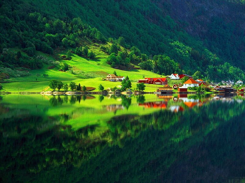 Village on Fjord Shore — Green