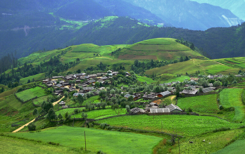Village on Green Hills — Serene, Afternoon, Photograph, Mountains