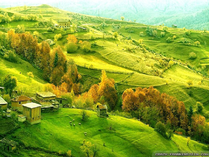 Village on Green Hills — Serene, Autumn, Photograph
