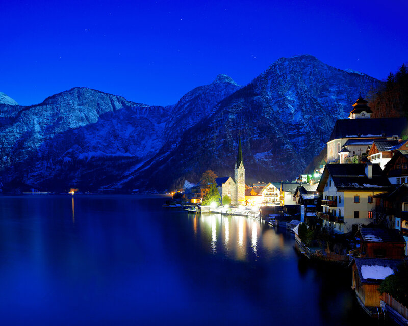 Village on Lake at Night