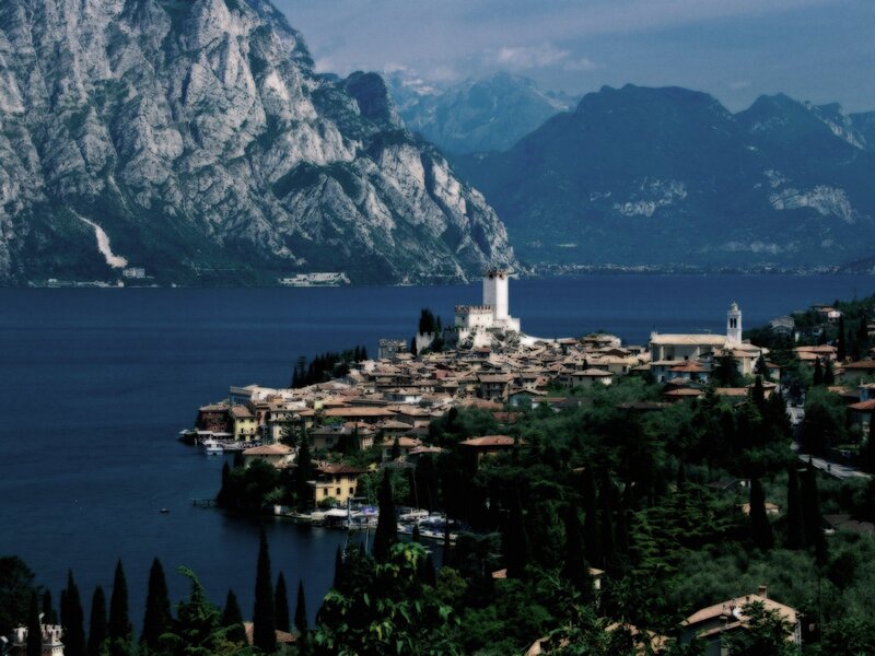 Village on Lake Garda with mountains