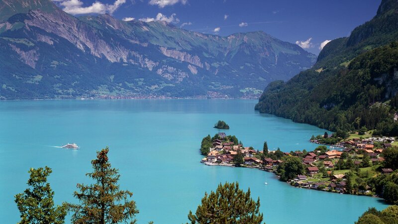 Village on Lake Island — Blue, Serene