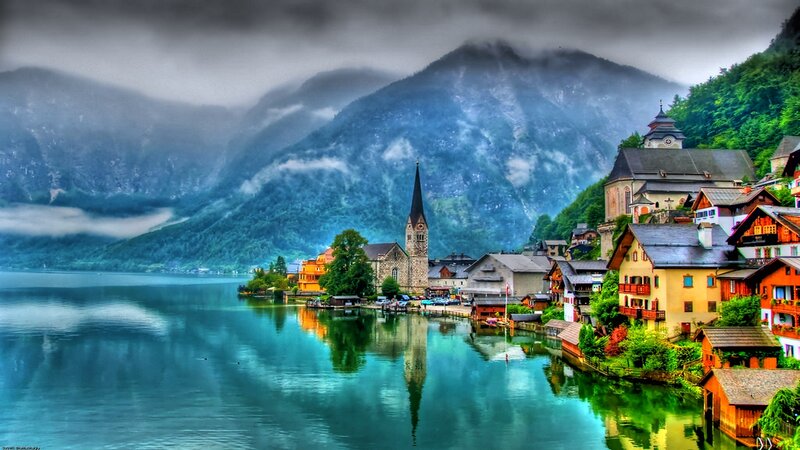 Village on Lake Shore — Blue, Dramatic, Photograph
