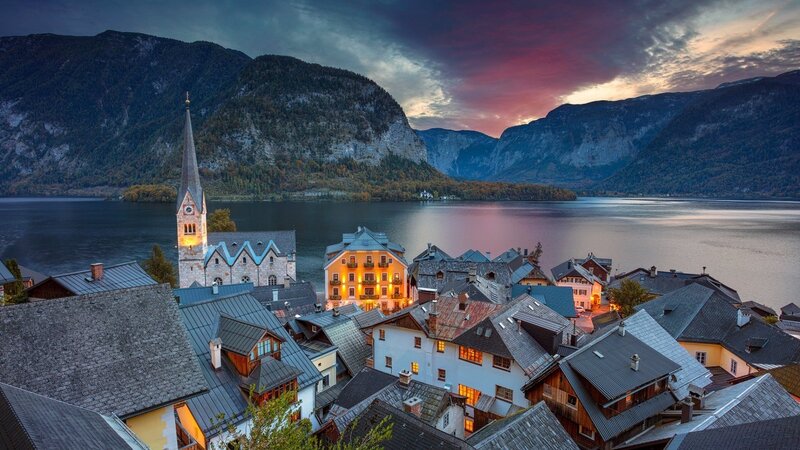 Village on Lake Shore — Blue, Dramatic, Sunset, Photograph, Church