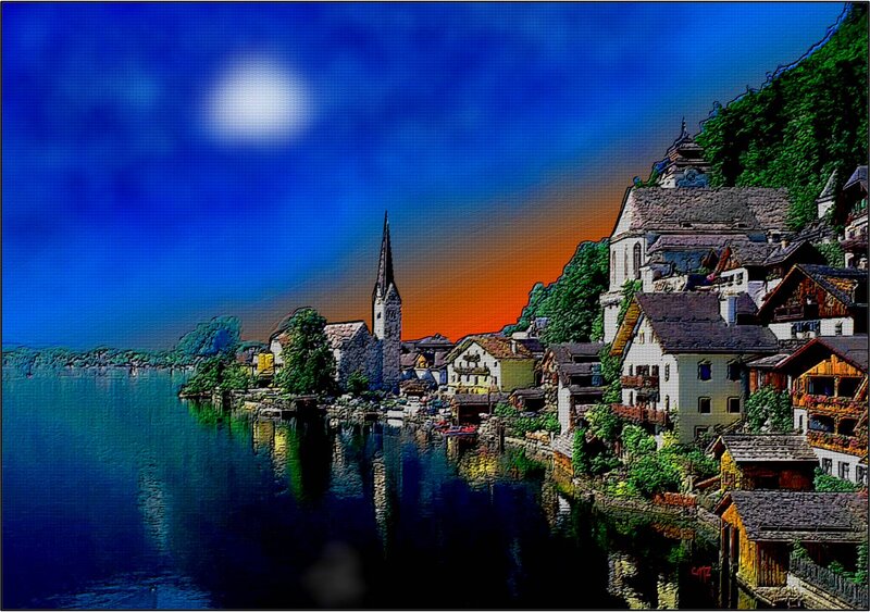 Village on Lake Shore — Blue, Dramatic, Sunset