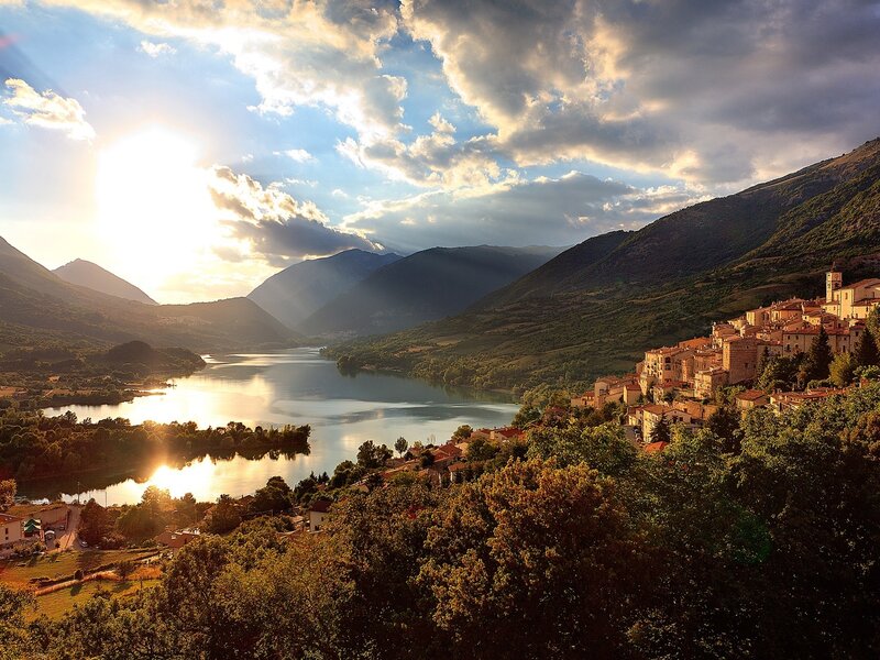 Village on Lake Shore — Blue, Dramatic
