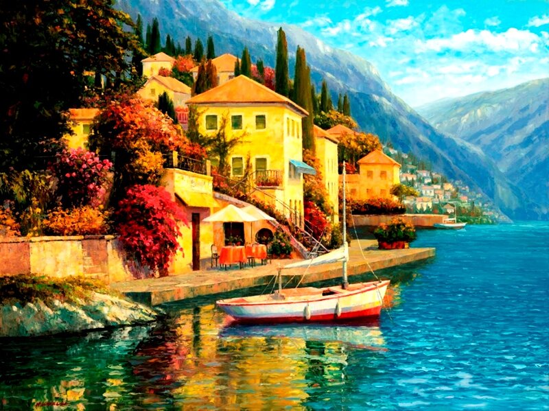 Village on Lake Shore — Blue, Serene, Afternoon, Painting, Boat, Mountains