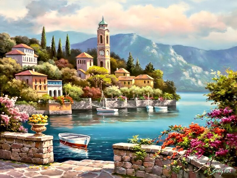 Village on Lake Shore — Blue, Serene, Afternoon, Painting, Clock Tower, Boats