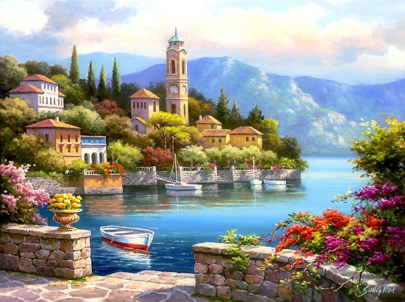 Village on Lake Shore — Blue, Serene, Afternoon, Painting, Clock Tower