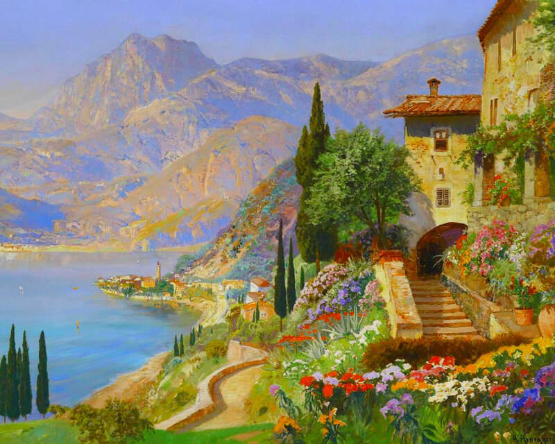Village on Lake Shore — Blue, Serene, Afternoon, Painting, Mountains, Flowers